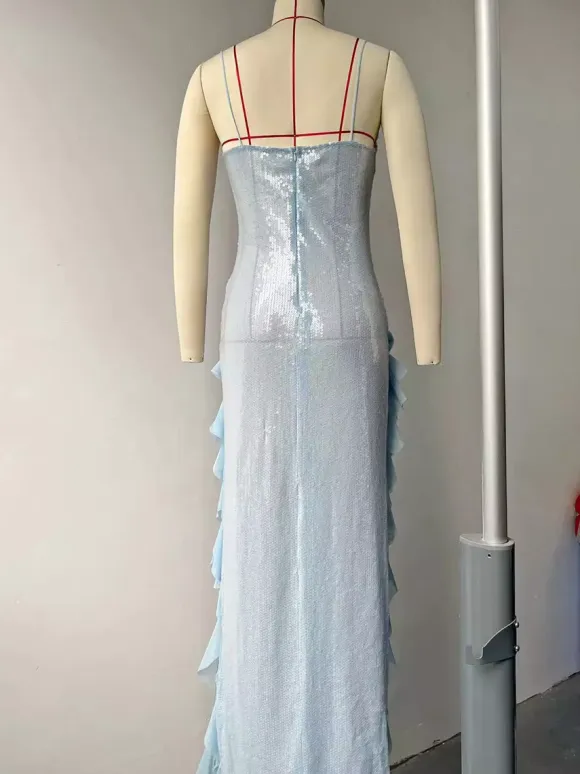 Blue Sequin Bodycon Sheer Long Slip Dress With Ruffled High Slit 2026