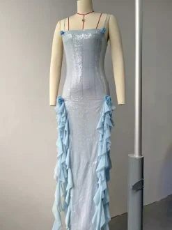 Blue Sequin Bodycon Sheer Long Slip Dress With Ruffled High Slit 2026