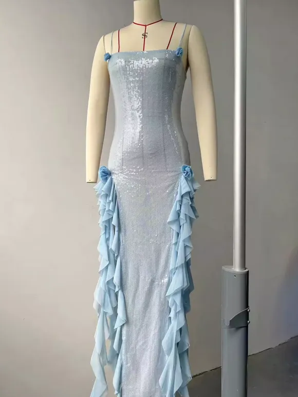 Blue Sequin Bodycon Sheer Long Slip Dress With Ruffled High Slit 2026