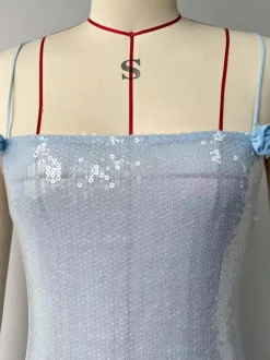 Blue Sequin Bodycon Sheer Long Slip Dress With Ruffled High Slit 2026