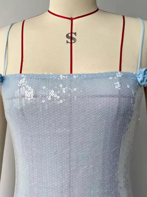 Blue Sequin Bodycon Sheer Long Slip Dress With Ruffled High Slit 2026