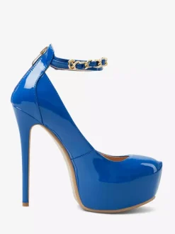 Blue Sexy Pumps Platform Women's Round Toe Stiletto Heel Ankle Strap Pumps