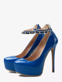 Blue Sexy Pumps Platform Women's Round Toe Stiletto Heel Ankle Strap Pumps