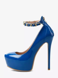 Blue Sexy Pumps Platform Women's Round Toe Stiletto Heel Ankle Strap Pumps