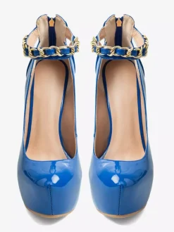 Blue Sexy Pumps Platform Women's Round Toe Stiletto Heel Ankle Strap Pumps