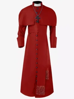 Blue Vintage Top Retro Buttons Long Sleeves Polyester Overcoat Retro Costumes For Man Burgundy