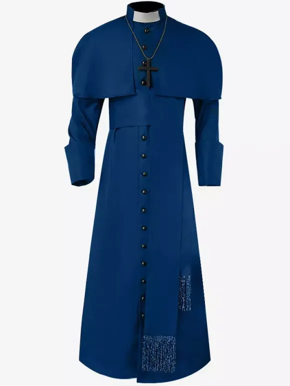 Blue Vintage Top Retro Buttons Long Sleeves Polyester Overcoat Retro Costumes For Man Burgundy