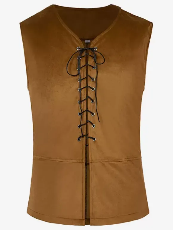Blue Vintage Top Retro Lace Up Sleeveless Polyester Polyester Fiber Waistcoat Retro Costumes For Man