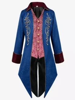 Blue Vintage Top Retro Polyester Floral Print Long Sleeves Retro Costumes For Man