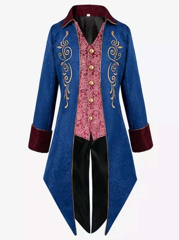 Blue Vintage Top Retro Polyester Floral Print Long Sleeves Retro Costumes For Man