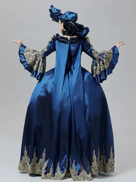 Blue Vintage Victorian Dress Rococo Marie Antoinette Style Flare Long Sleeves Floor Length Vintage Gown