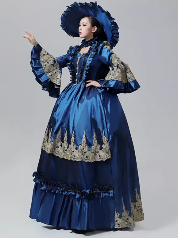 Blue Vintage Victorian Dress Rococo Marie Antoinette Style Flare Long Sleeves Floor Length Vintage Gown