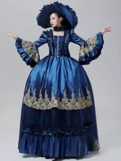 Blue Vintage Victorian Dress Rococo Marie Antoinette Style Flare Long Sleeves Floor Length Vintage Gown