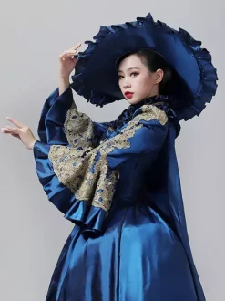 Blue Vintage Victorian Dress Rococo Marie Antoinette Style Flare Long Sleeves Floor Length Vintage Gown