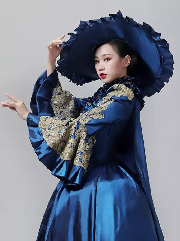 Blue Vintage Victorian Dress Rococo Marie Antoinette Style Flare Long Sleeves Floor Length Vintage Gown