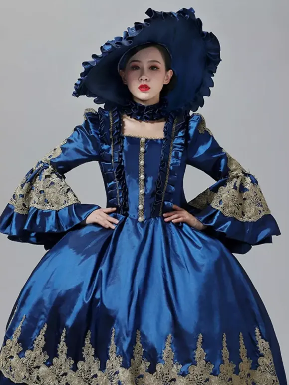 Blue Vintage Victorian Dress Rococo Marie Antoinette Style Flare Long Sleeves Floor Length Vintage Gown