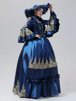 Blue Vintage Victorian Dress Rococo Marie Antoinette Style Flare Long Sleeves Floor Length Vintage Gown
