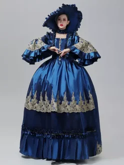 Blue Vintage Victorian Dress Rococo Marie Antoinette Style Flare Long Sleeves Floor Length Vintage Gown