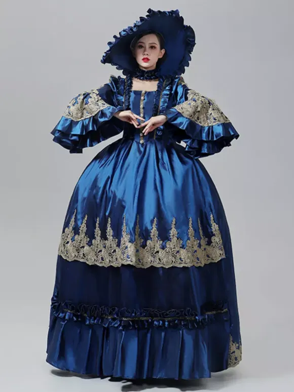 Blue Vintage Victorian Dress Rococo Marie Antoinette Style Flare Long Sleeves Floor Length Vintage Gown