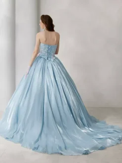 Blue Wedding Dress With Train Strapless Sleeveless Lace Up Long Lace Bridal Gowns Free Customization