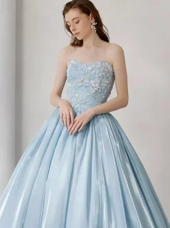 Blue Wedding Dress With Train Strapless Sleeveless Lace Up Long Lace Bridal Gowns Free Customization