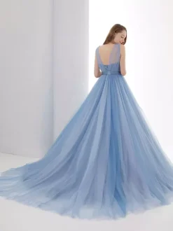 Blue Wedding Dress With Train Strapless Sleeveless Lace Up Long Lace Tulle A Line Bridal Gowns Free Customization
