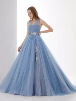 Blue Wedding Dress With Train Strapless Sleeveless Lace Up Long Lace Tulle A Line Bridal Gowns Free Customization