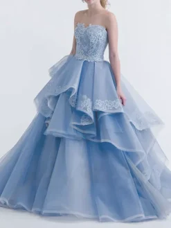 Blue Wedding Dresses A-Line Strapless Sleeveless Backless Lace With Train Bridal Gown Free Customization