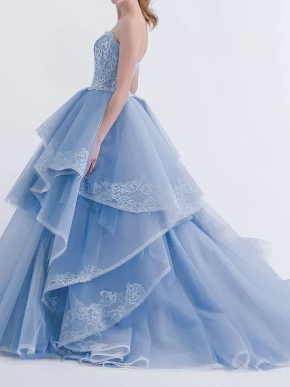 Blue Wedding Dresses A-Line Strapless Sleeveless Backless Lace With Train Bridal Gown Free Customization