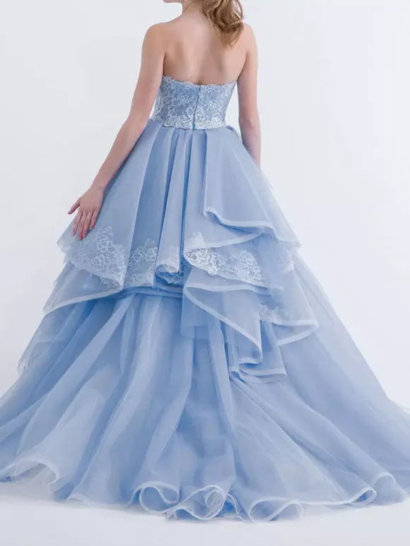 Blue Wedding Dresses A-Line Strapless Sleeveless Backless Lace With Train Bridal Gown Free Customization