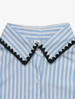 Blue White Striped Oversized Shirt Contrast Black Scallop Trim Collar Pocket Casual Blouse