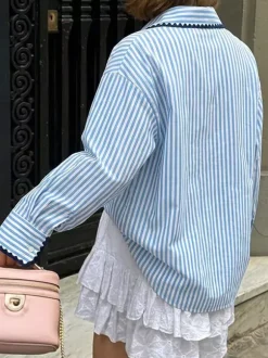 Blue White Striped Oversized Shirt Contrast Black Scallop Trim Collar Pocket Casual Blouse