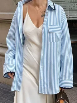 Blue White Striped Oversized Shirt Contrast Black Scallop Trim Collar Pocket Casual Blouse