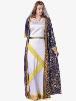Blue Women Retro Overcoat Headwear Floral Print Set Holidays Costumes