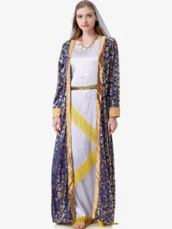 Blue Women Retro Overcoat Headwear Floral Print Set Holidays Costumes