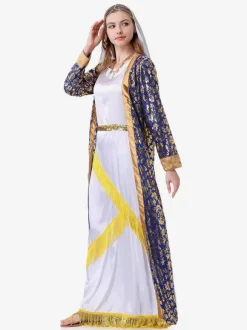 Blue Women Retro Overcoat Headwear Floral Print Set Holidays Costumes