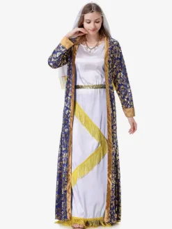 Blue Women Retro Overcoat Headwear Floral Print Set Holidays Costumes