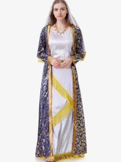 Blue Women Retro Overcoat Headwear Floral Print Set Holidays Costumes