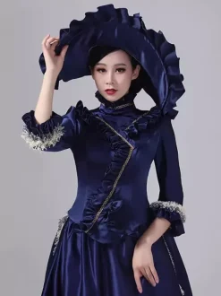Blue Bustle Victorian Dress Flare Sleeves Polyester Ball Maxi Retro Dress With Hat