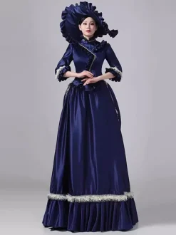 Blue Bustle Victorian Dress Flare Sleeves Polyester Ball Maxi Retro Dress With Hat