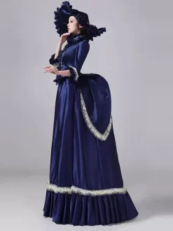 Blue Bustle Victorian Dress Flare Sleeves Polyester Ball Maxi Retro Dress With Hat