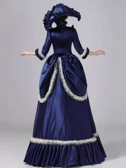 Blue Bustle Victorian Dress Flare Sleeves Polyester Ball Maxi Retro Dress With Hat