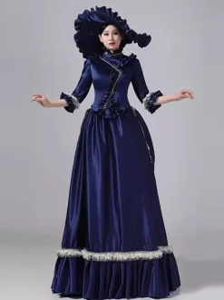 Blue Bustle Victorian Dress Flare Sleeves Polyester Ball Maxi Retro Dress With Hat