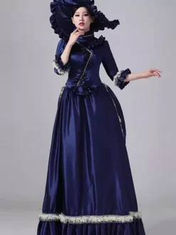 Blue Bustle Victorian Dress Flare Sleeves Polyester Ball Maxi Retro Dress With Hat