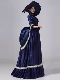 Blue Bustle Victorian Dress Flare Sleeves Polyester Ball Maxi Retro Dress With Hat