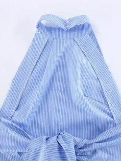Blue Cami Top Halter Rhinestones Lace Up Sexy Cotton Women Camis