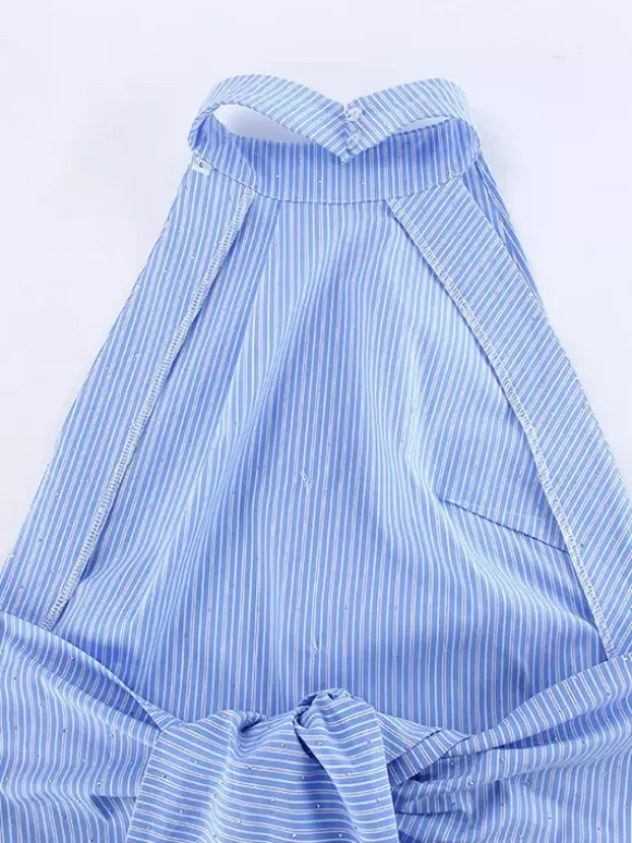 Blue Cami Top Halter Rhinestones Lace Up Sexy Cotton Women Camis