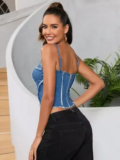 Blue Cami Top Straps Neck Sexy Shaping Denim Women Camis