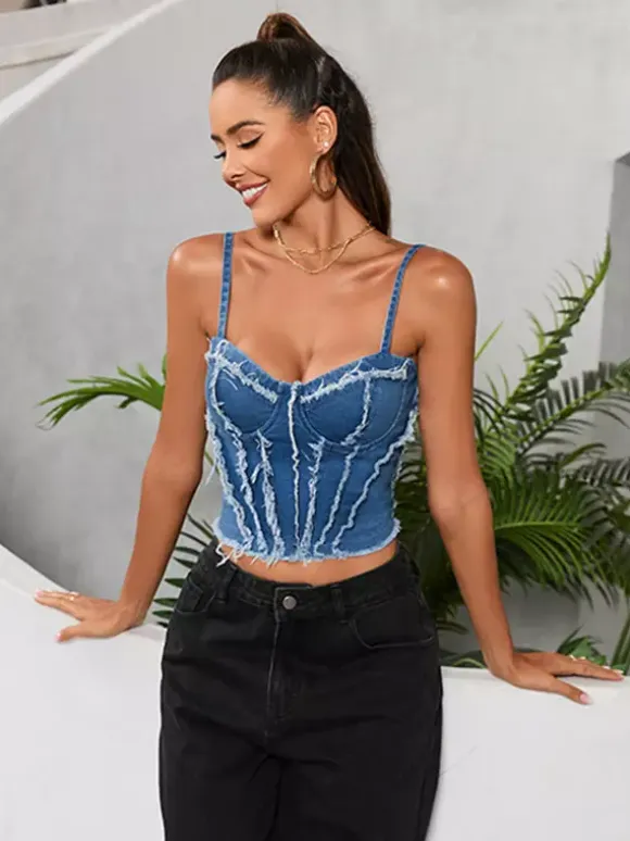 Blue Cami Top Straps Neck Sexy Shaping Denim Women Camis