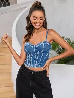Blue Cami Top Straps Neck Sexy Shaping Denim Women Camis